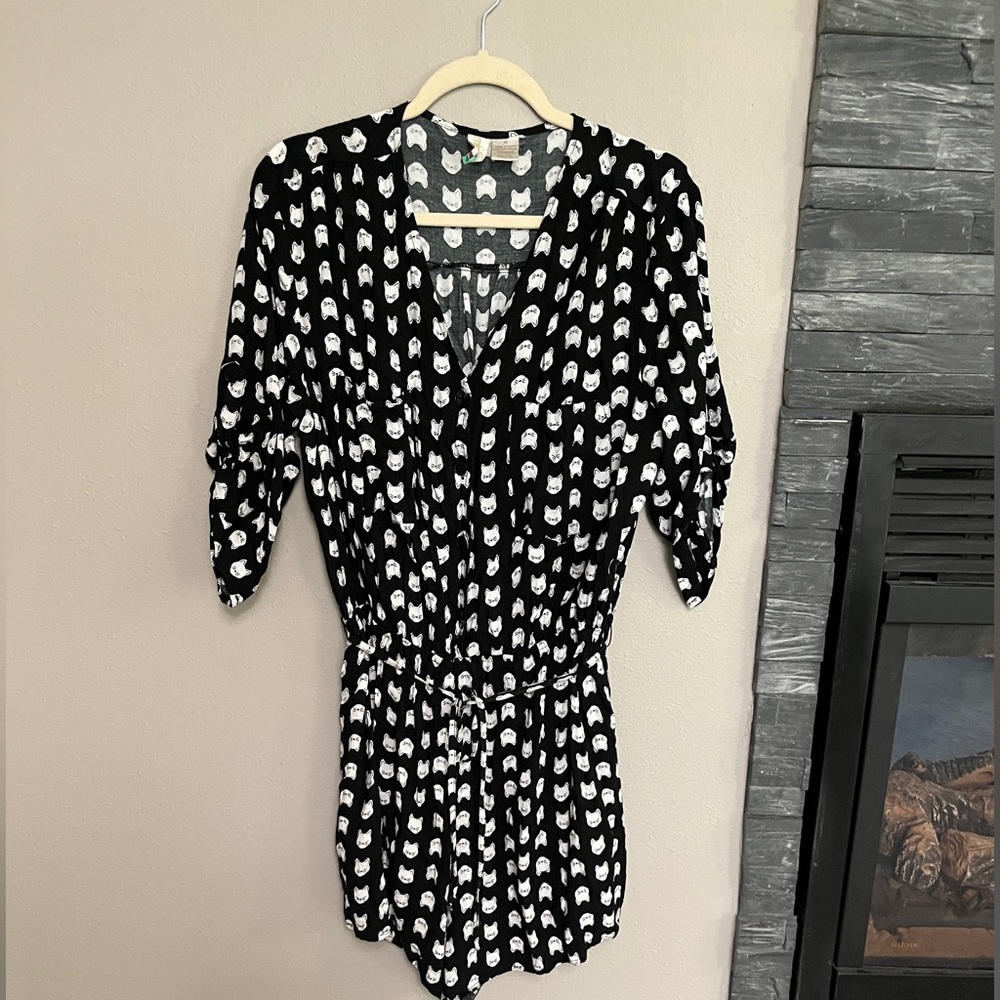 Adorable Cat Lady Print Short Romper with Pockets 1x